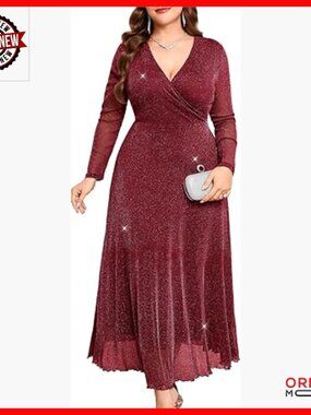 Plus Size Sparkly Maxi Dress V-Neck Wrap Long Sleeve Glitter Mesh Gown